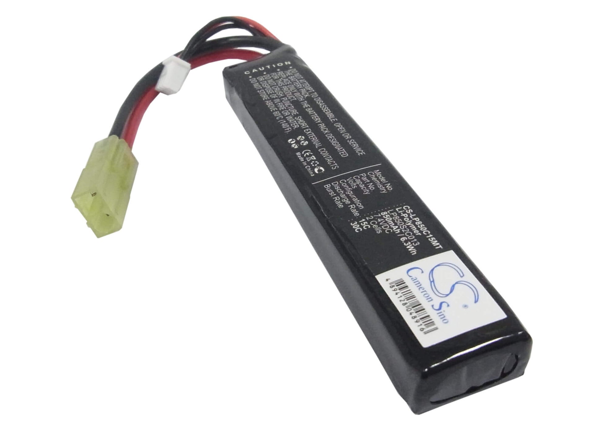 7.4V, 850mAh, Li-Polymer Battery fits Airsoft Guns, Cs-lp850c15mt, 6.29Wh