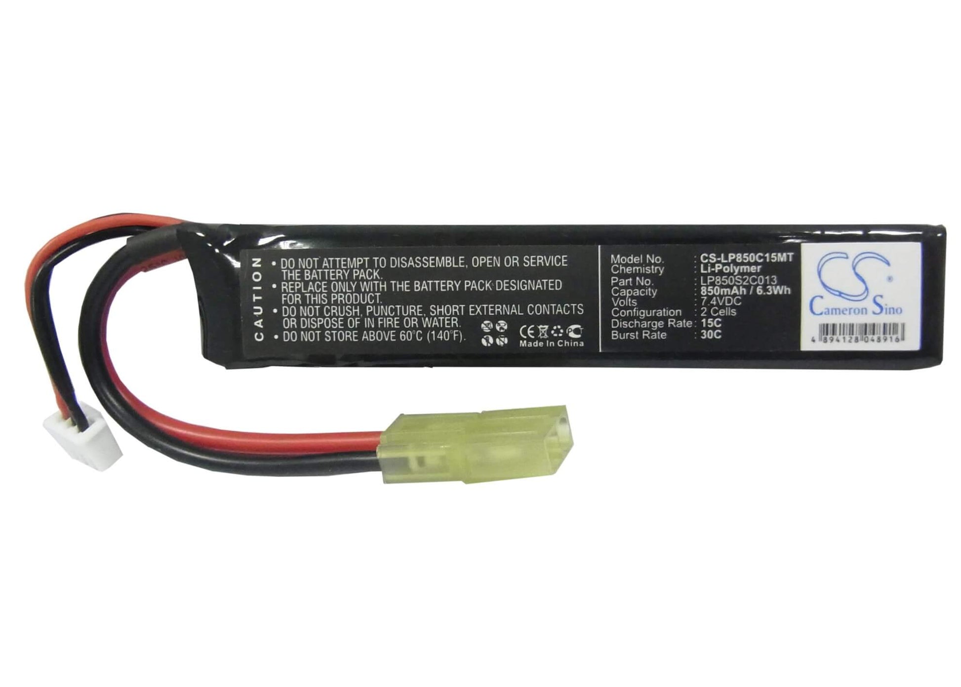 7.4V, 850mAh, Li-Polymer Battery fits Airsoft Guns, Cs-lp850c15mt, 6.29Wh