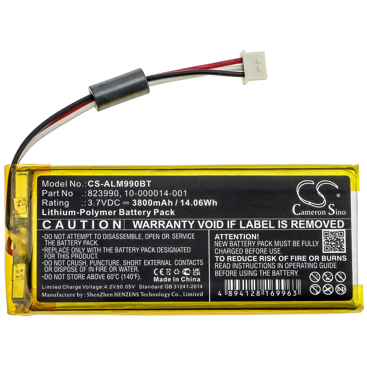 3.7V, 3800mAh, Li-Polymer Battery fits Adt, Panel Smartthings, 14.06Wh