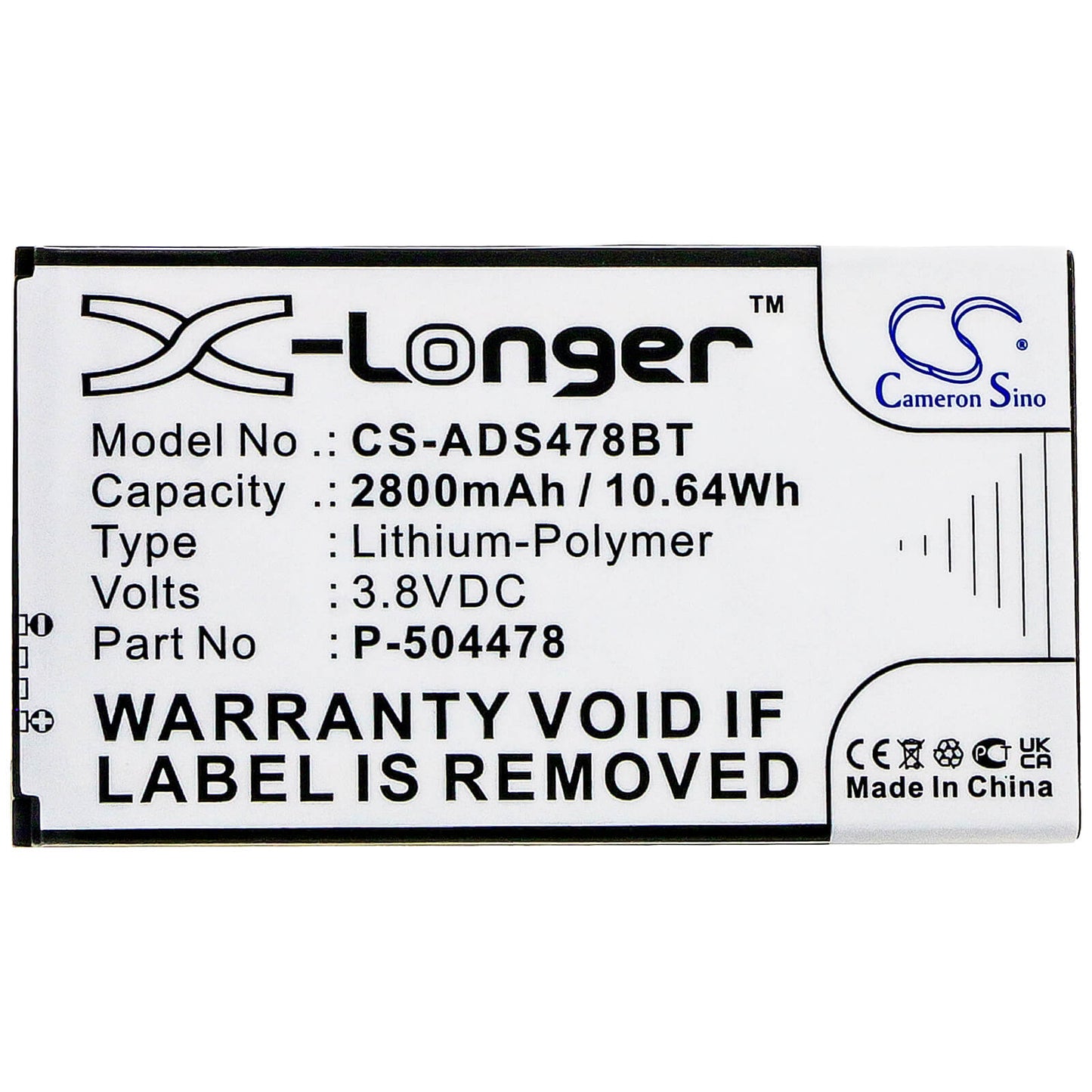 3.8V, 2800mAh, Li-Polymer Battery fits Adt, Command Secondary Color Touchs, 10.64Wh