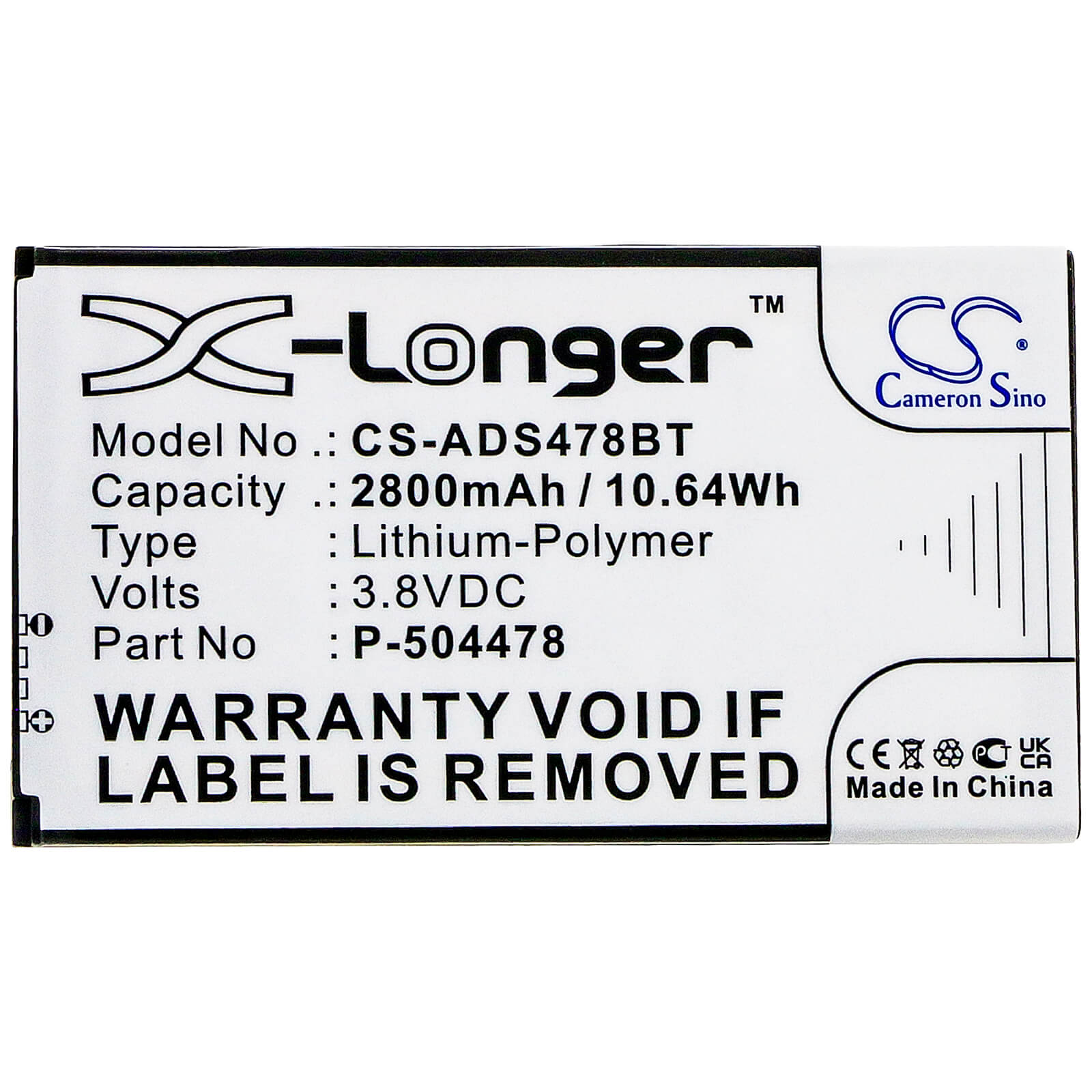 3.8V, 2800mAh, Li-Polymer Battery fits Adt, Command Secondary Color Touchs, 10.64Wh