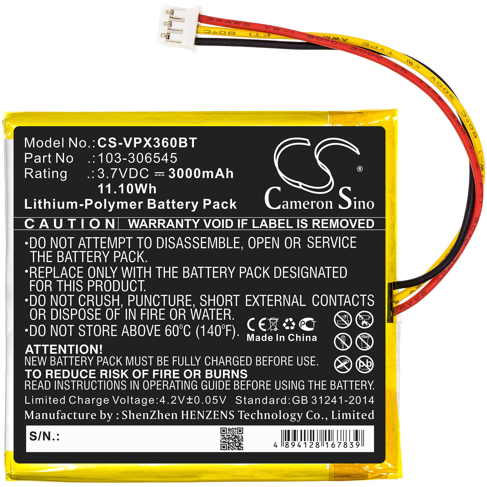 3.7V, 3000mAh, Li-Polymer Battery fits Visonic, Powermaster 360r, 11.1Wh
