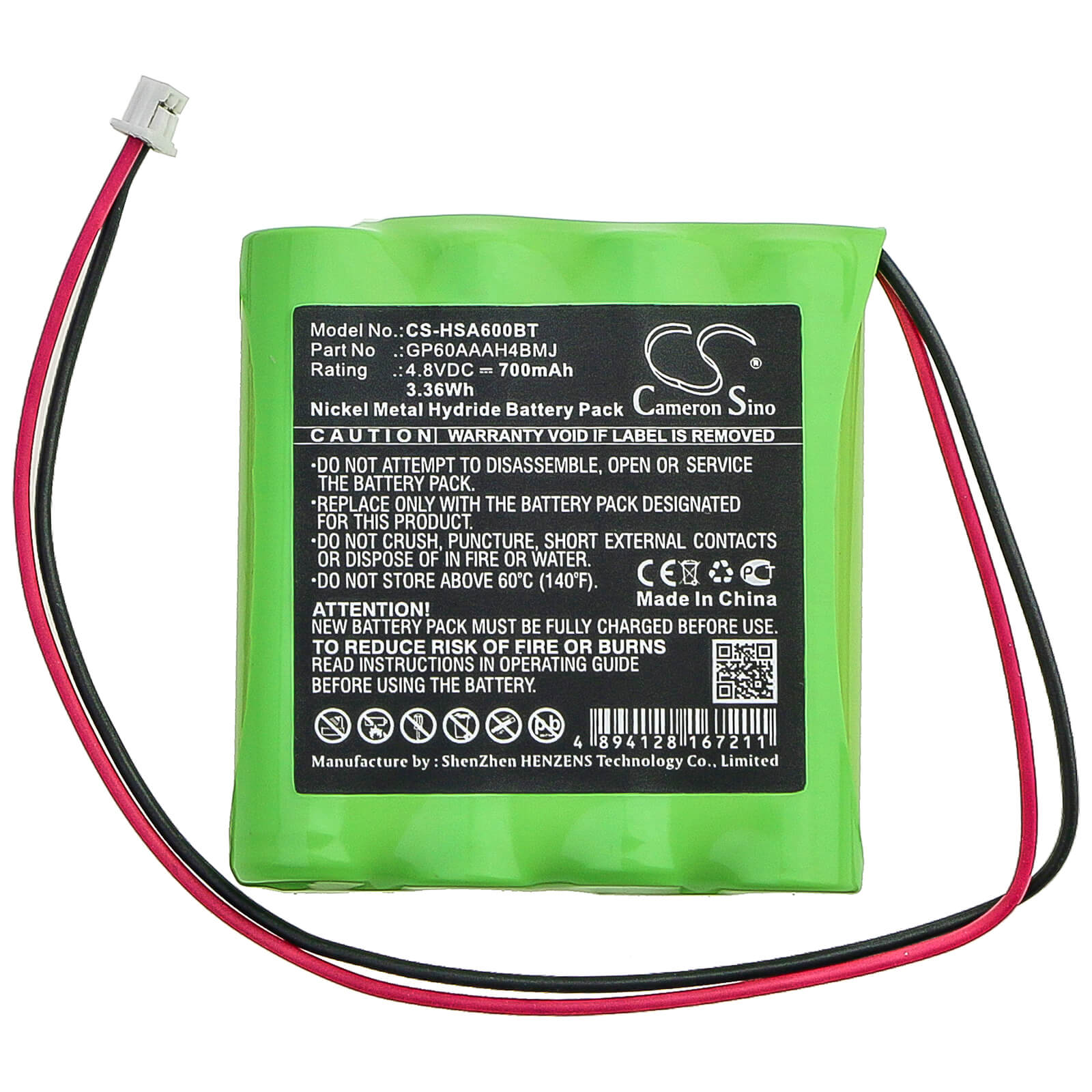 4.8V, 700mAh, Ni-MH Battery fits Yale, Ef Panel Alarm Control Panel, 3.36Wh