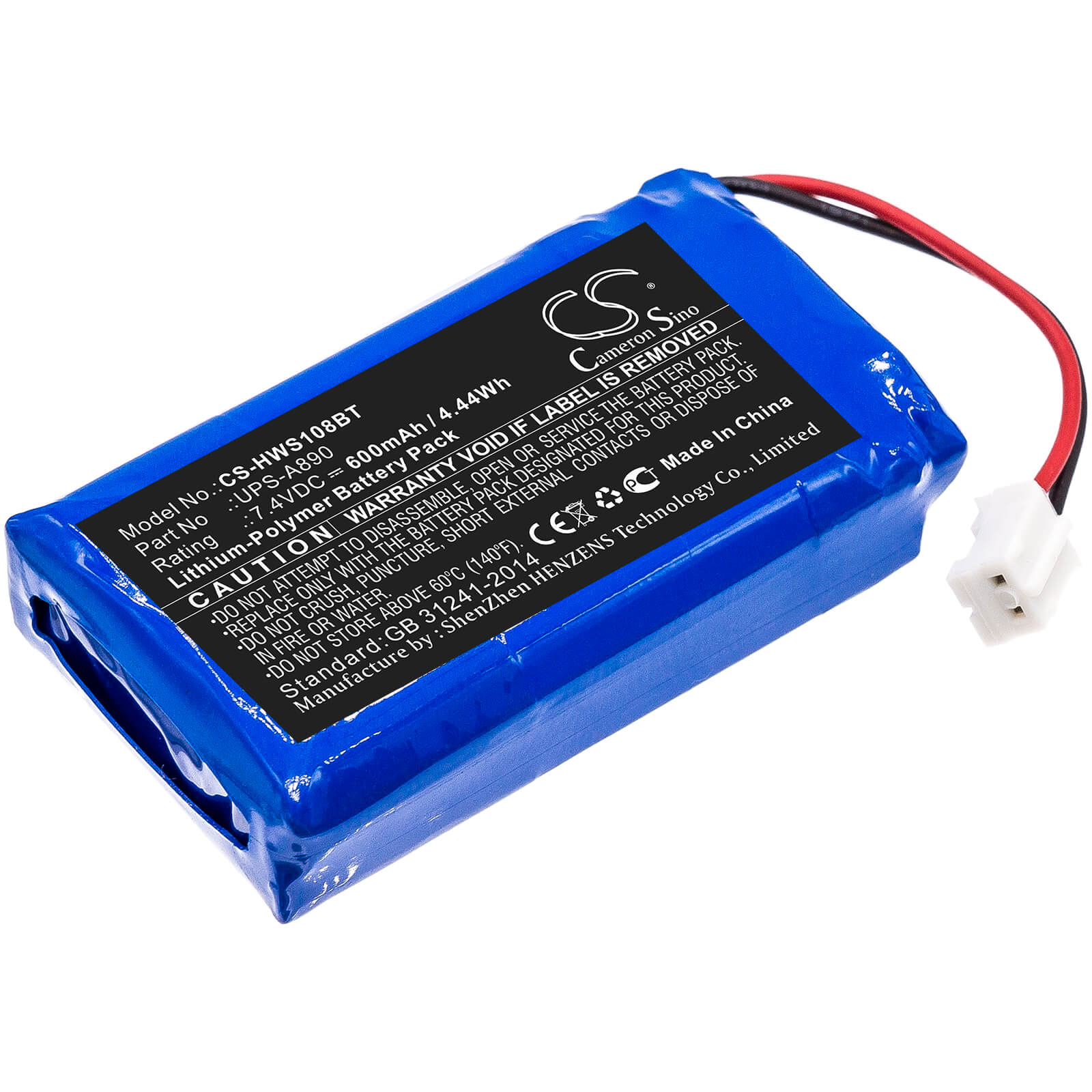 7.4V, 600mAh, Li-Polymer Battery fits Chuango, Ws-108, 4.44Wh