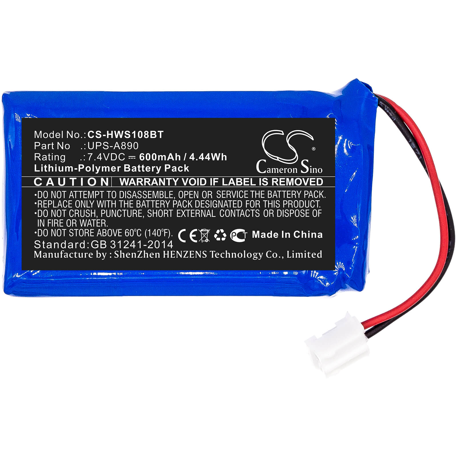 7.4V, 600mAh, Li-Polymer Battery fits Chuango, Ws-108, 4.44Wh