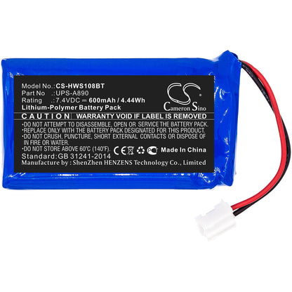 7.4V, 600mAh, Li-Polymer Battery fits Chuango, Ws-108, 4.44Wh