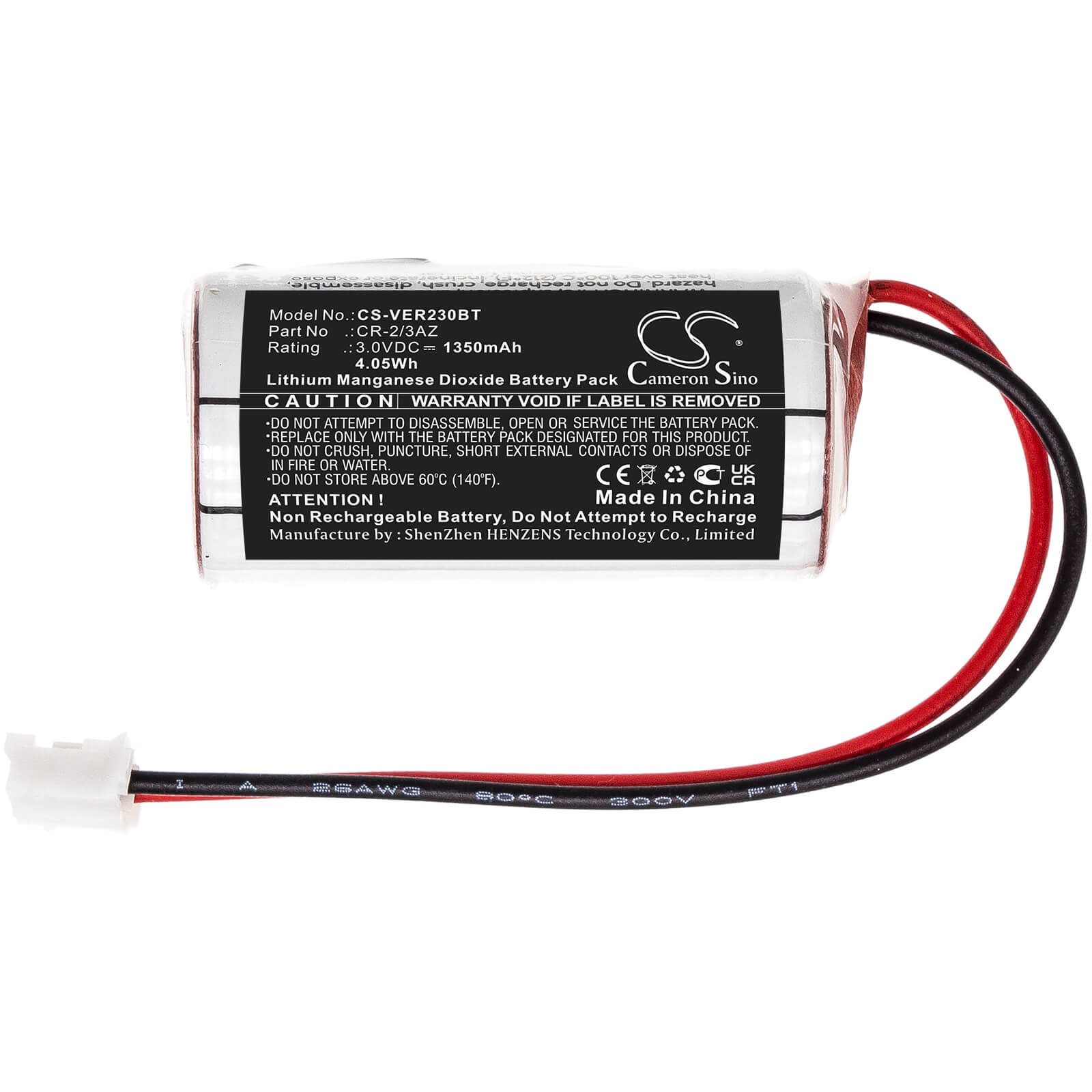 3.0V, 1350mAh, Li-MnO2 Battery fits Verisure, Camera Detector, Nattsikringspanel, 4.05Wh