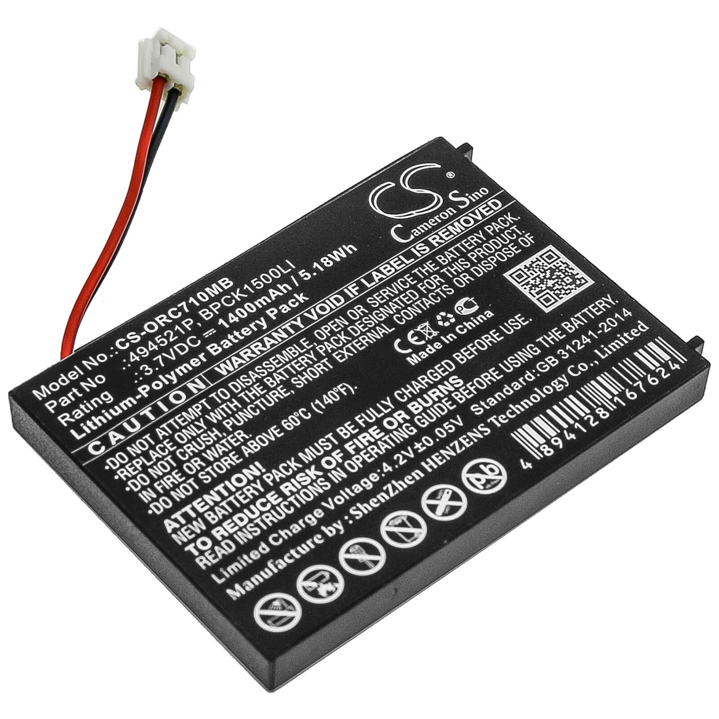3.7V, 1400mAh, Li-Polymer Battery fits Oricom, Sc701, Sc705, 5.18Wh
