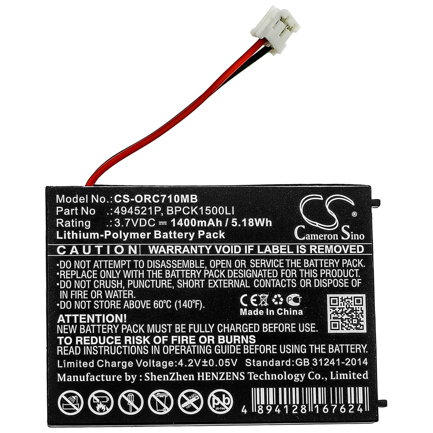 3.7V, 1400mAh, Li-Polymer Battery fits Oricom, Sc701, Sc705, 5.18Wh