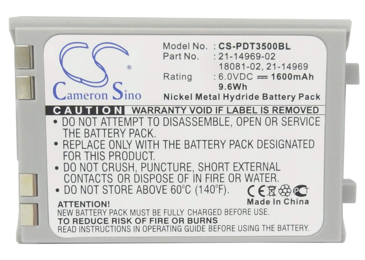 6.0V, 1600mAh, Ni-MH Battery fits Symbol, Pdt3500, Pdt3510, 9.6Wh