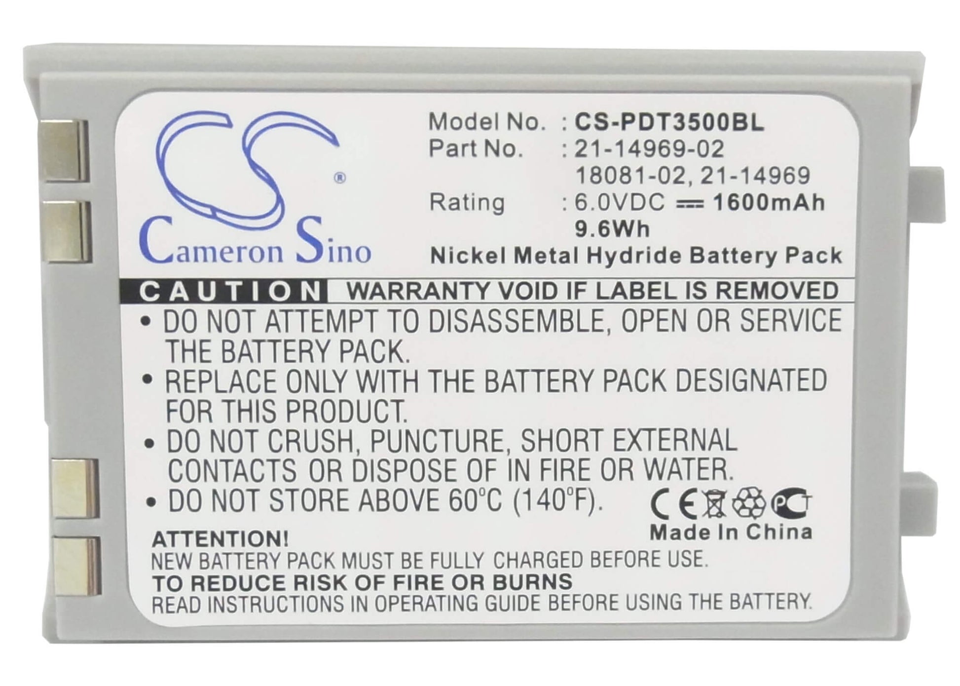 6.0V, 1600mAh, Ni-MH Battery fits Symbol, Pdt3500, Pdt3510, 9.6Wh