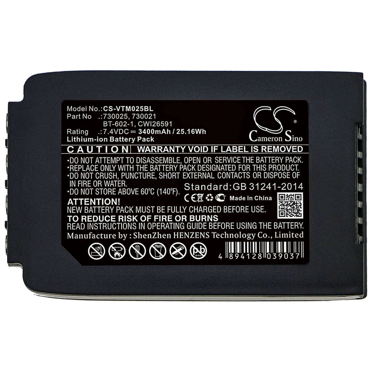 7.4V, 3400mAh, Li-ion Battery fits Vocollect, Talkman T2, Talkman T2x, 25.16Wh