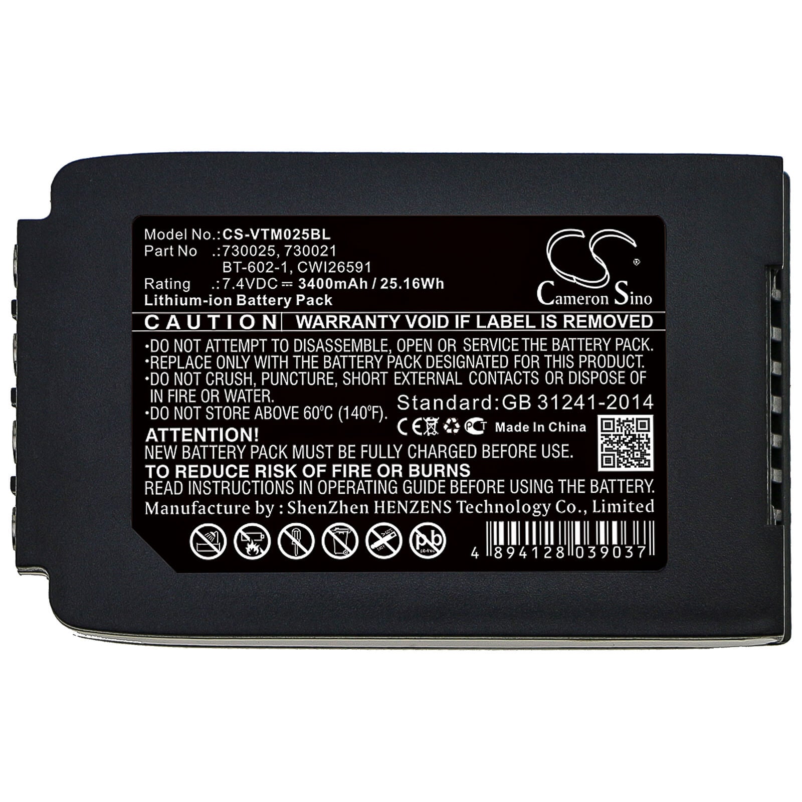 7.4V, 3400mAh, Li-ion Battery fits Vocollect, Talkman T2, Talkman T2x, 25.16Wh