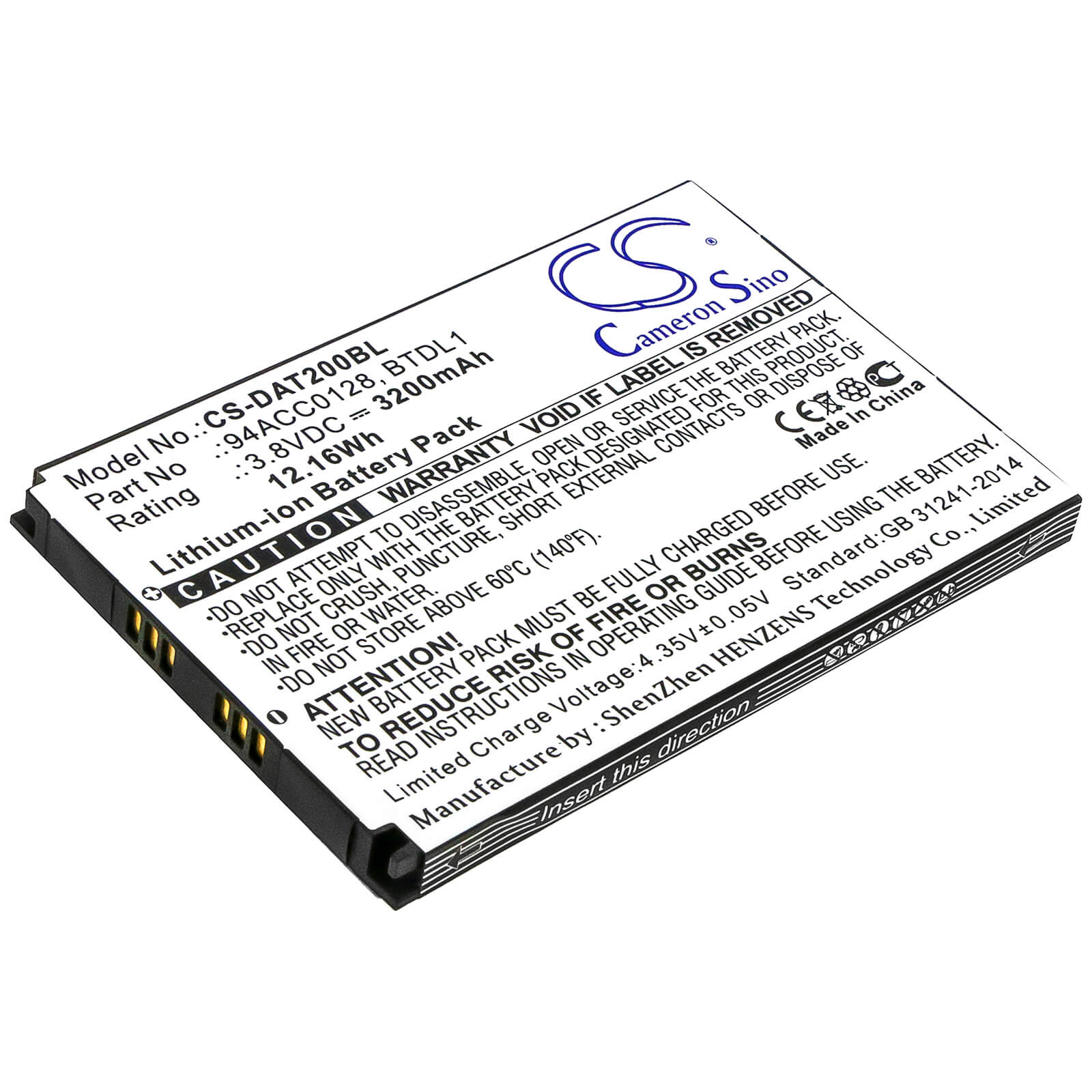 3.8V, 3200mAh, Li-ion Battery fits Datalogic, Axist, Dl-axist, 12.16Wh