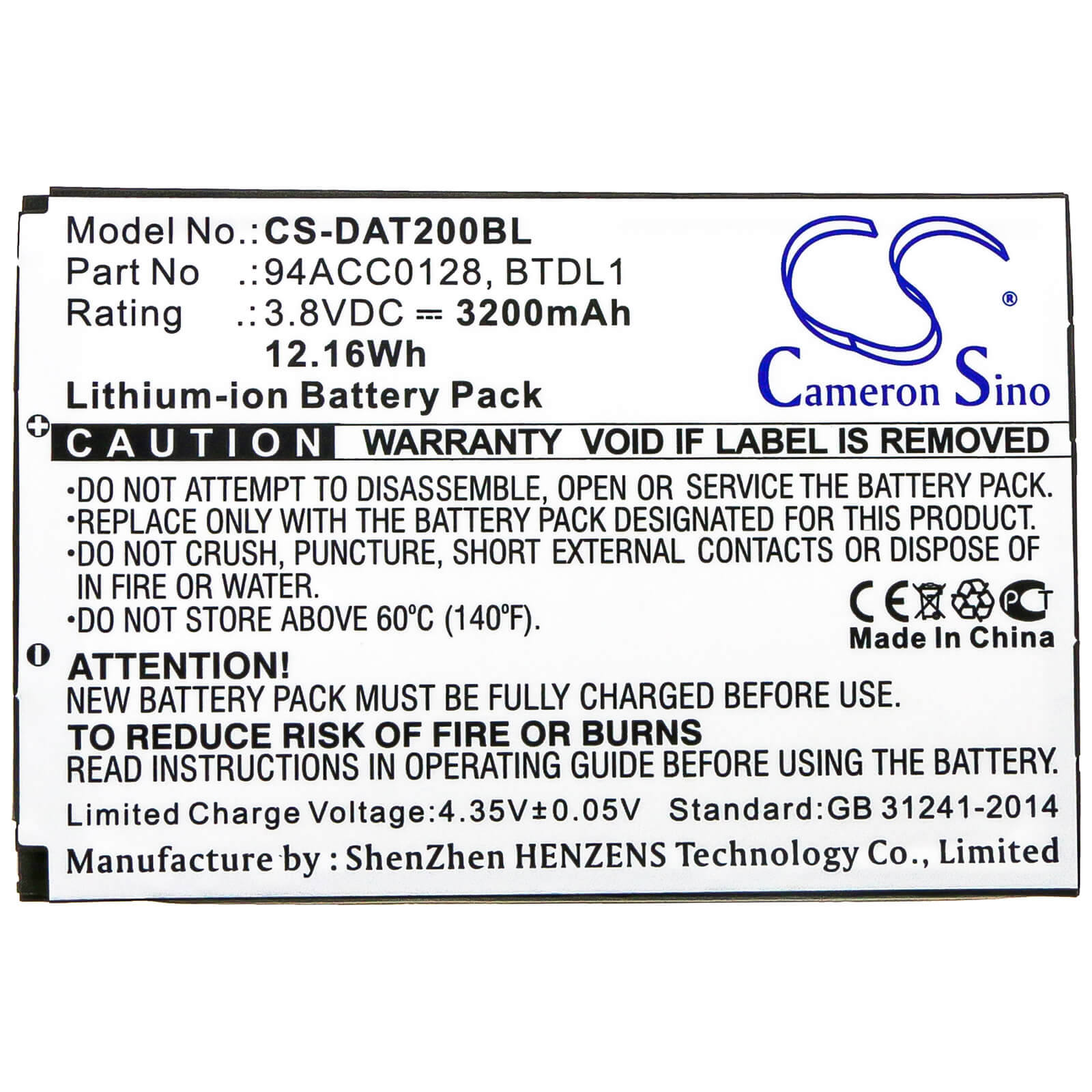 3.8V, 3200mAh, Li-ion Battery fits Datalogic, Axist, Dl-axist, 12.16Wh