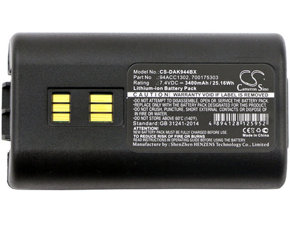 7.4V, 3400mAh, Li-ion Battery fits Datalogic, 944501055, 944501056, 25.16Wh