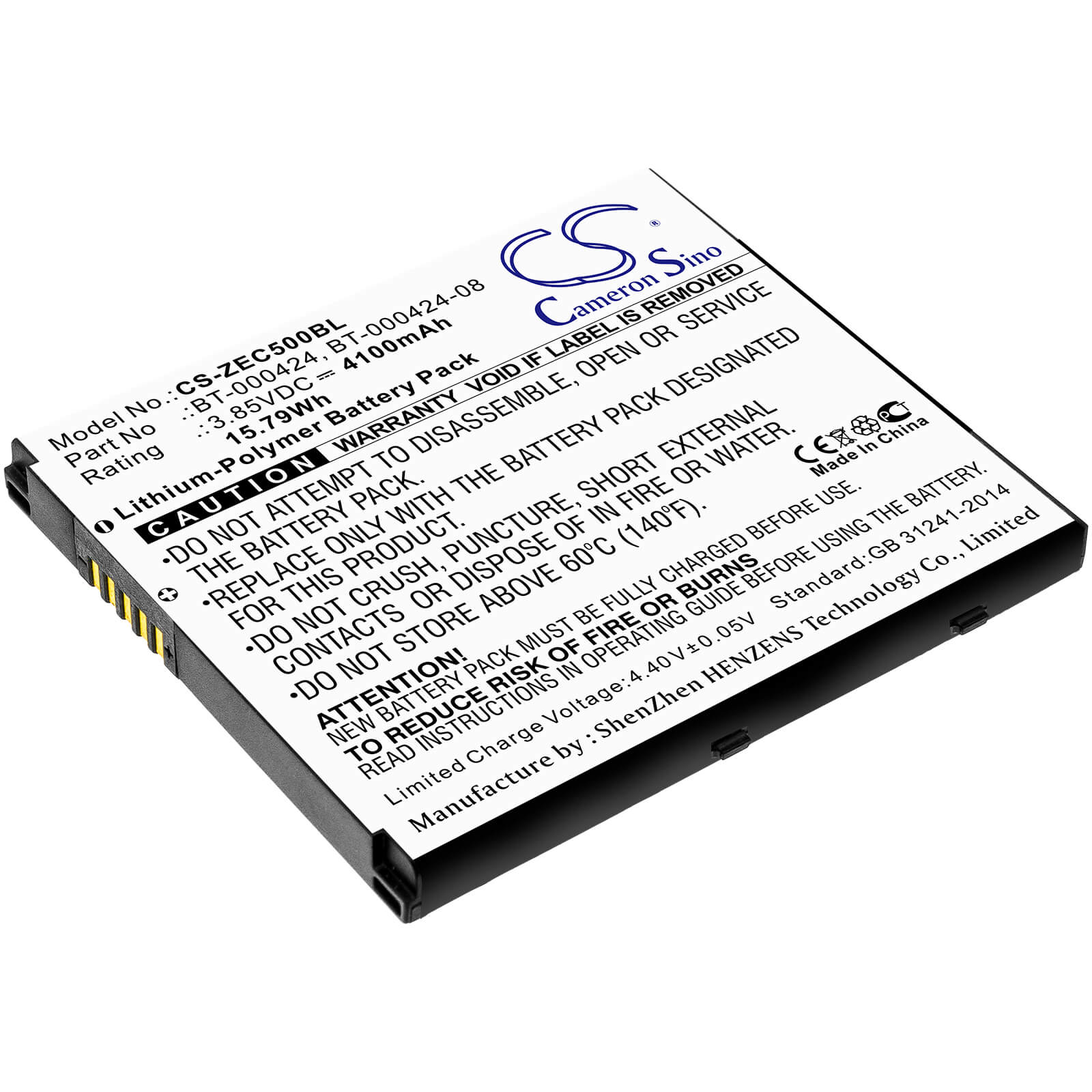 3.85V, 4100mAh, Li-Polymer Battery fits Zebra, Ec50, Ec55, 15.785Wh