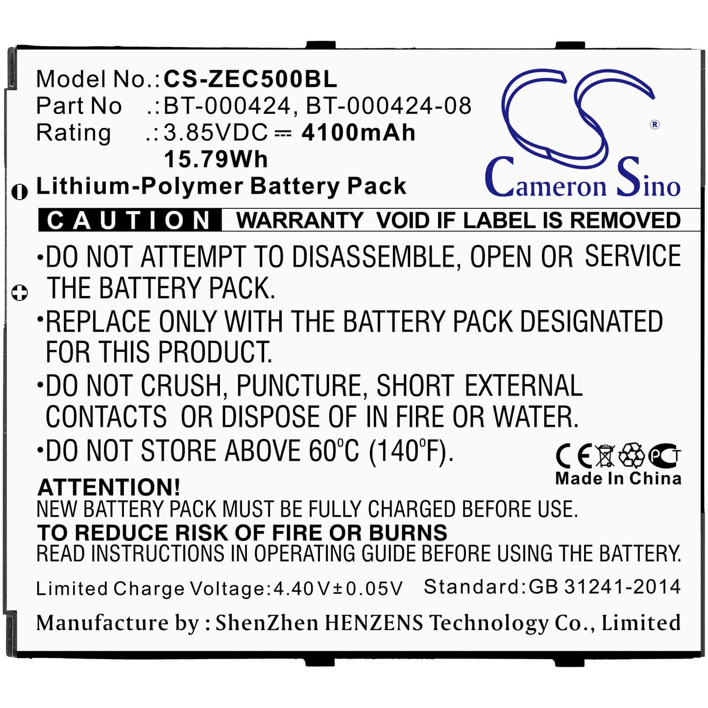 3.85V, 4100mAh, Li-Polymer Battery fits Zebra, Ec50, Ec55, 15.785Wh