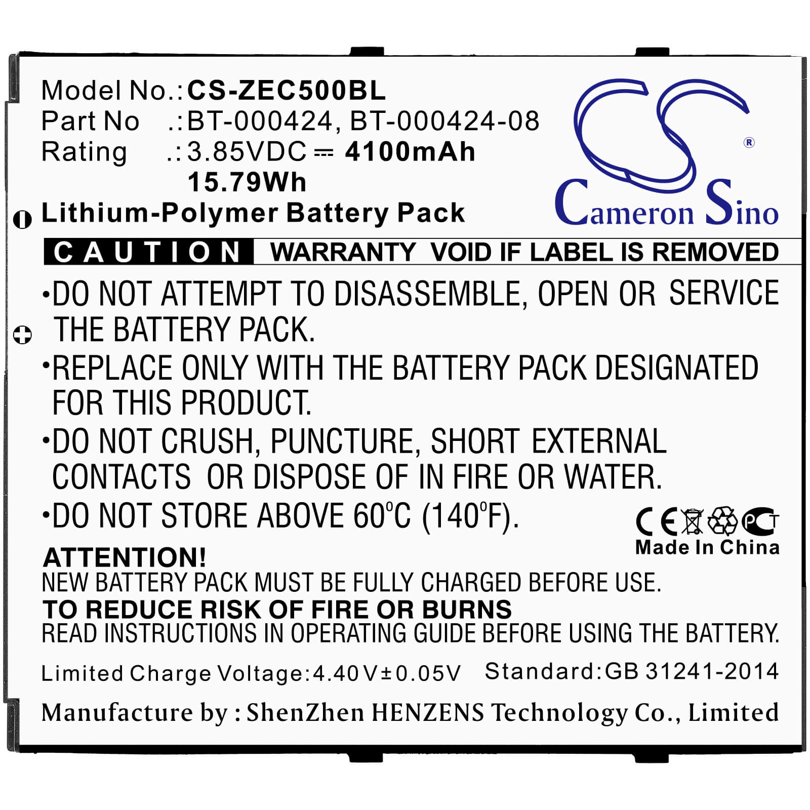 3.85V, 4100mAh, Li-Polymer Battery fits Zebra, Ec50, Ec55, 15.785Wh