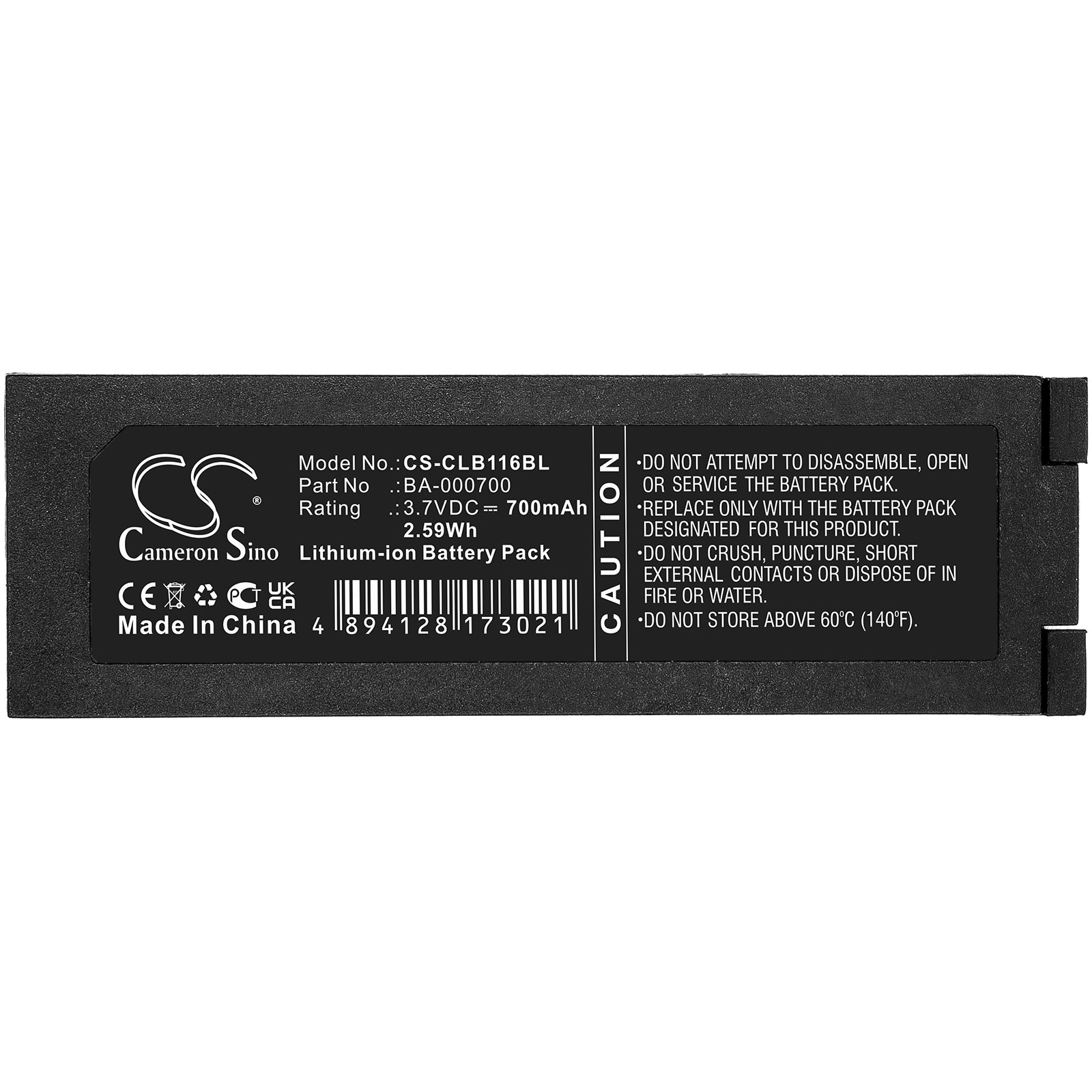 3.7V, 700mAh, Li-ion Battery fits Cipherlab, 1166, 1266, 2.59Wh