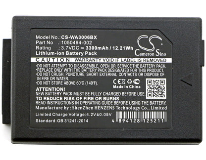 3.7V, 3300mAh, Li-ion Battery fits Psion, 1050494, 7525, 12.21Wh