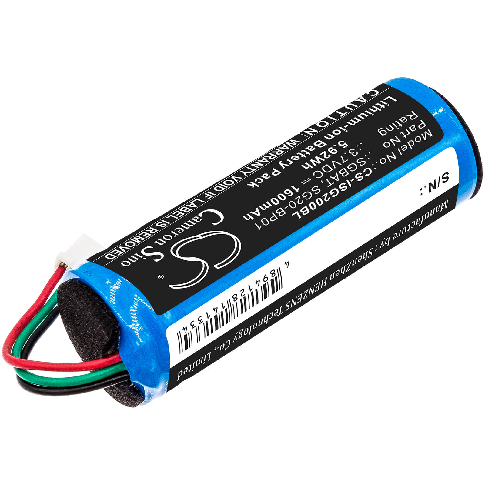 3.7V, 1600mAh, Li-ion Battery fits Honeywell, Sg20, 5.92Wh
