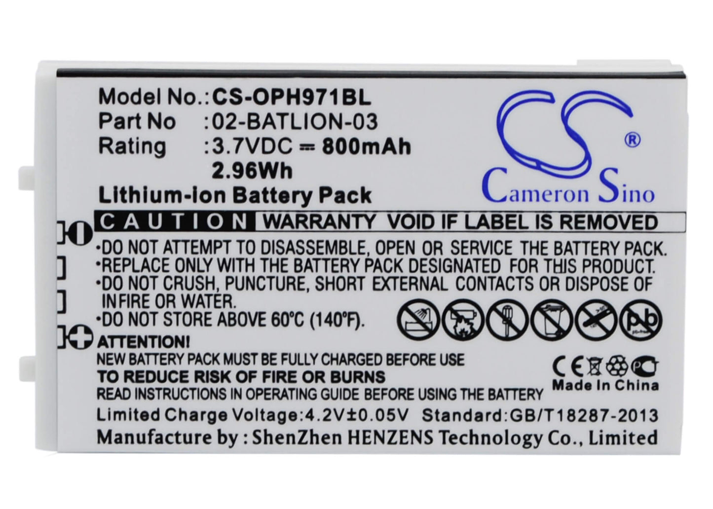 3.7V, 800mAh, Li-ion Battery fits Opticon, Opl-7724, Opl-7734, 2.96Wh