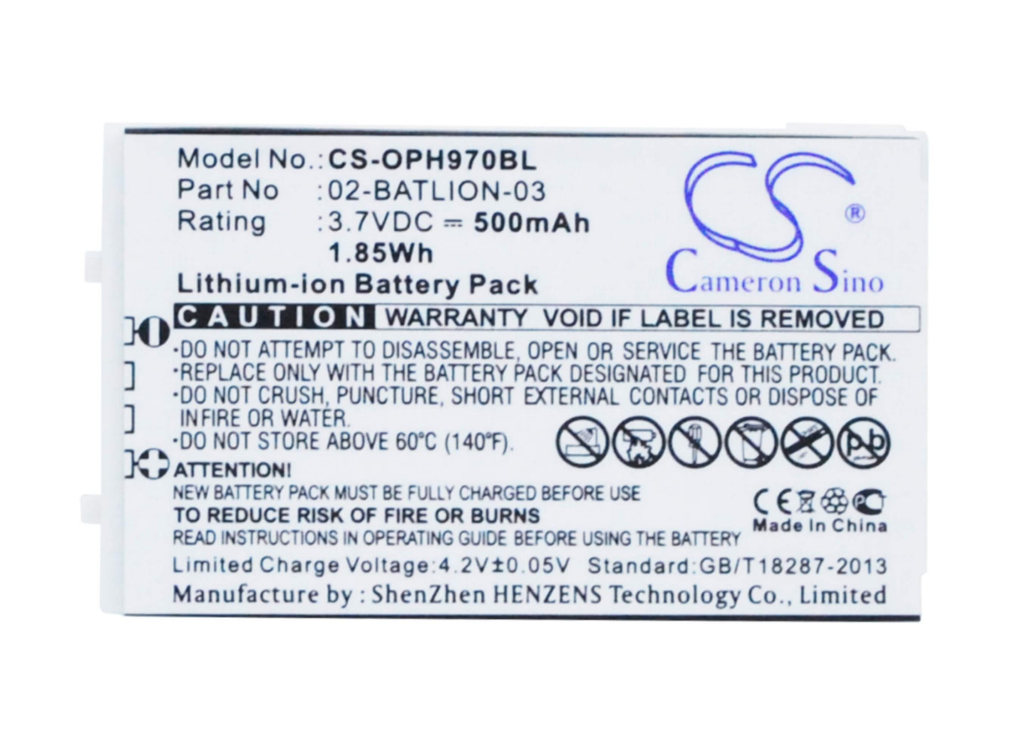 3.7V, 500mAh, Li-ion Battery fits Opticon, Opl-7724, Opl-7734, 1.85Wh