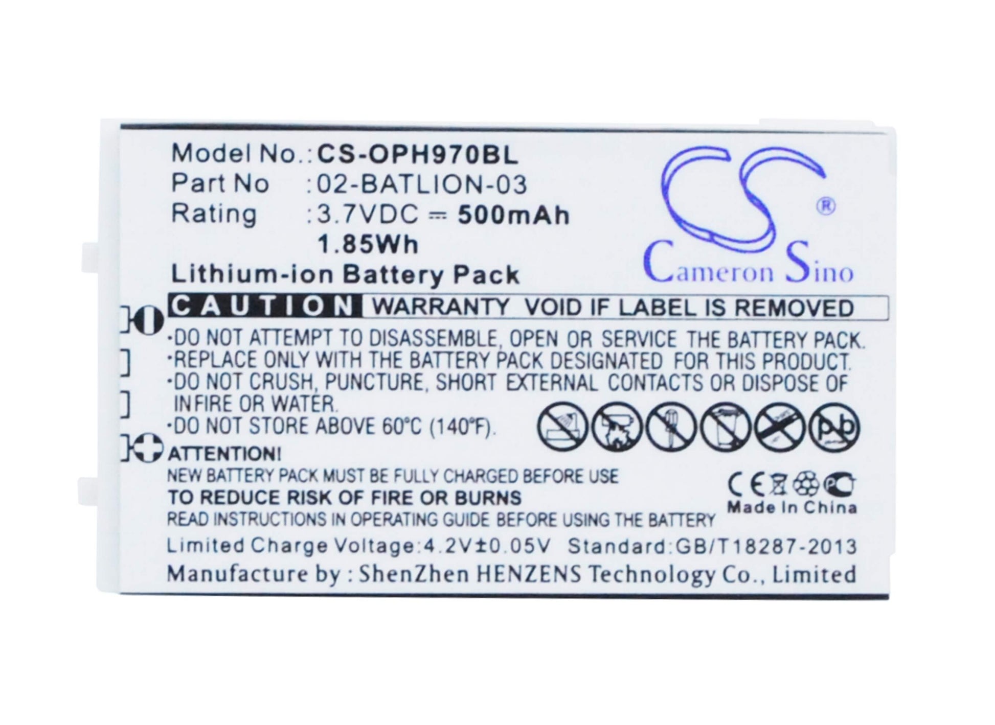 3.7V, 500mAh, Li-ion Battery fits Opticon, Opl-7724, Opl-7734, 1.85Wh
