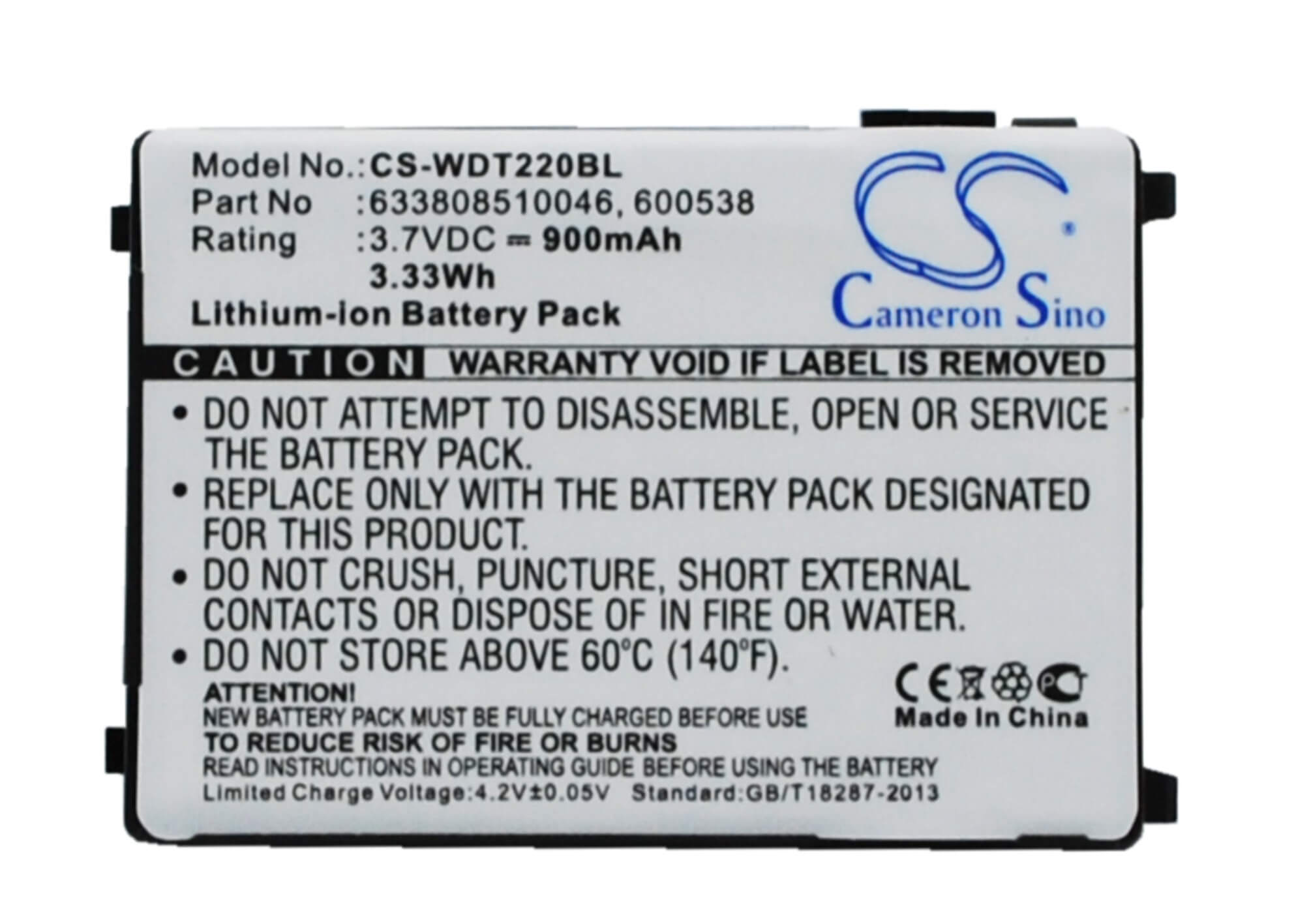 3.7V, 900mAh, Li-ion Battery fits Wasp, Rs-232, Wdt2200, 3.33Wh