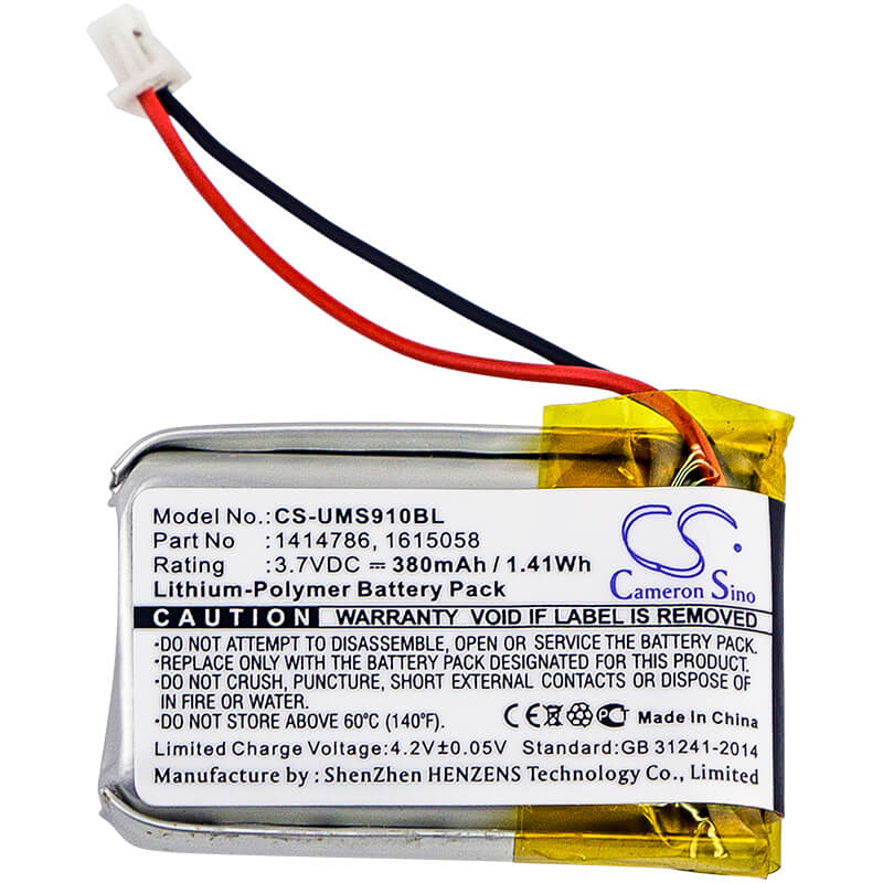 3.7V, 380mAh, Li-Polymer Battery fits Unitech, Ms910, Ms910-cubb00-sg, 1.406Wh