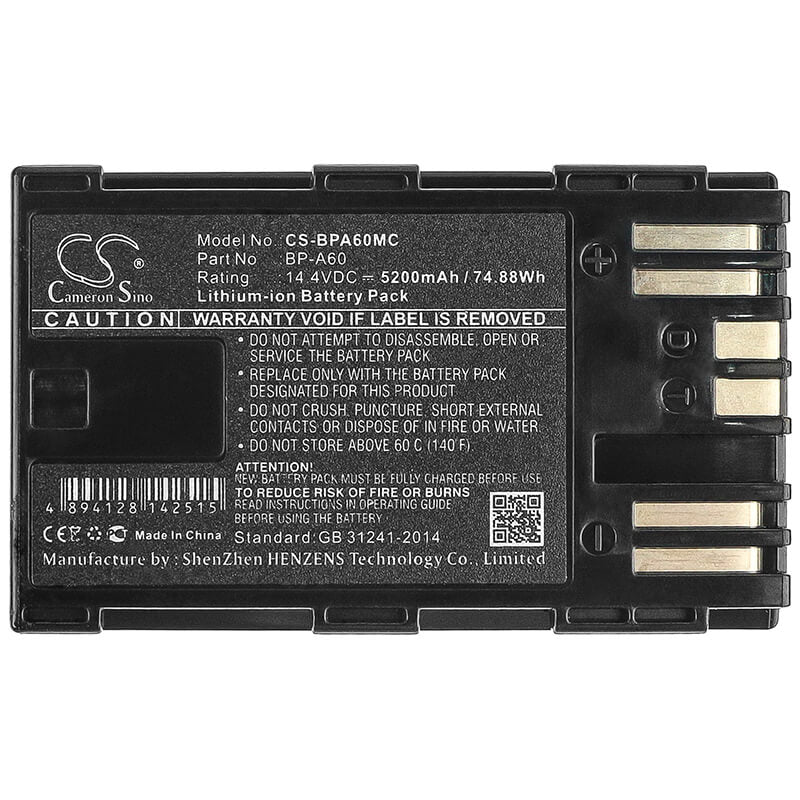 14.4V, 5200mAh, Li-ion Battery fits Canon, Ca-cp200l, Eos C200, 74.88Wh