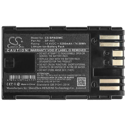 14.4V, 5200mAh, Li-ion Battery fits Canon, Ca-cp200l, Eos C200, 74.88Wh