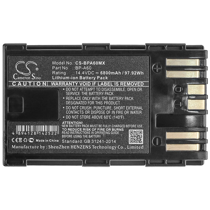 Camera 14.4V, 6800mAh, Li-ion Battery fits Canon, BP-A60, Ca-cp200l, Eos C200, 97.92Wh
