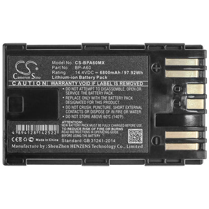 Camera 14.4V, 6800mAh, Li-ion Battery fits Canon, BP-A60, Ca-cp200l, Eos C200, 97.92Wh