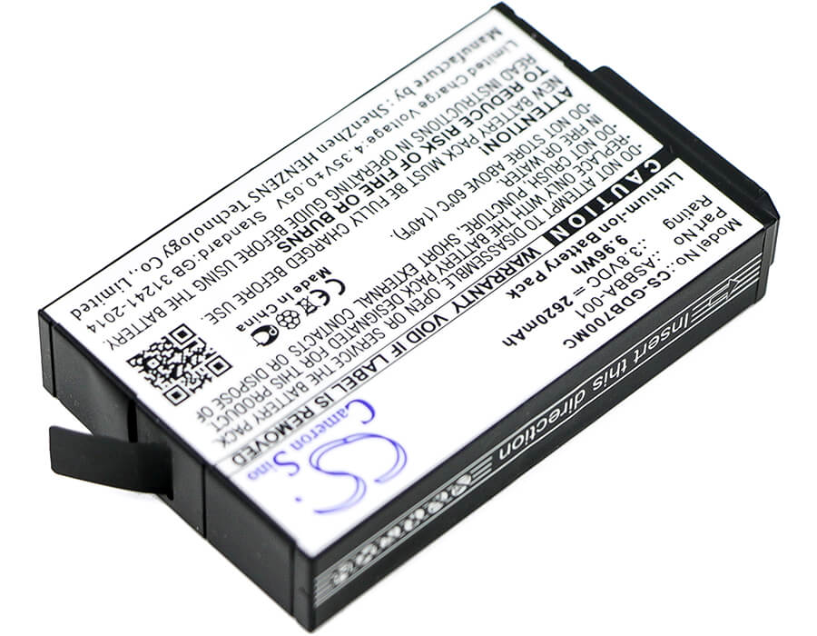 3.8V, 2620mAh, Li-ion Battery fits Gopro, Fusion, Fusion Vr 360, 9.956Wh