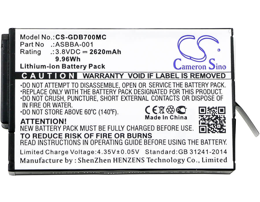 3.8V, 2620mAh, Li-ion Battery fits Gopro, Fusion, Fusion Vr 360, 9.956Wh