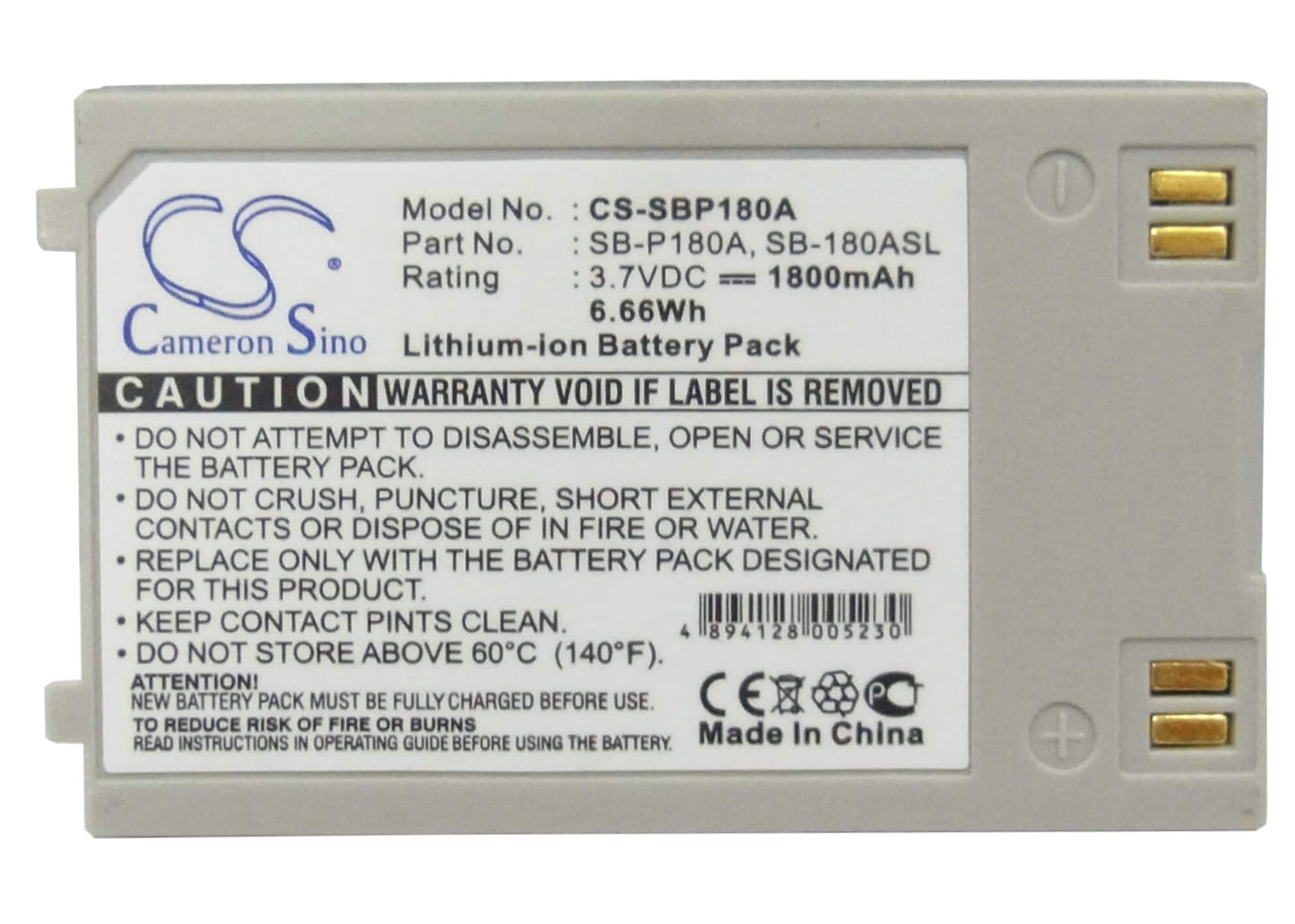 3.7V, 1800mAh, Li-ion Battery fits Samsung, Sc-mm10, Sc-mm10bl, 6.66Wh