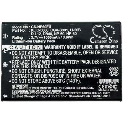 3.7V, 1050mAh, Li-ion Battery fits Ricoh, Caplio 300g, Caplio 400g Wide, 3.885Wh