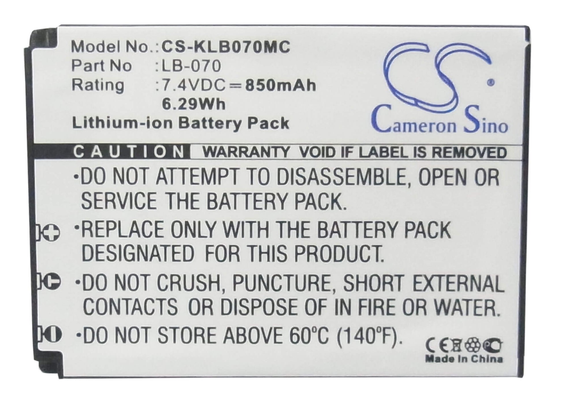 7.4V, 850mAh, Li-ion Battery fits Kodak, Pixpro Az651, Pixpro Az651 Astro Zoom, 6.29Wh
