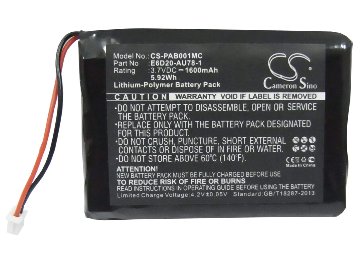 3.7V, 1600mAh, Li-Polymer Battery fits Panasonic, Arbitator Body Worn Mics, 5.92Wh
