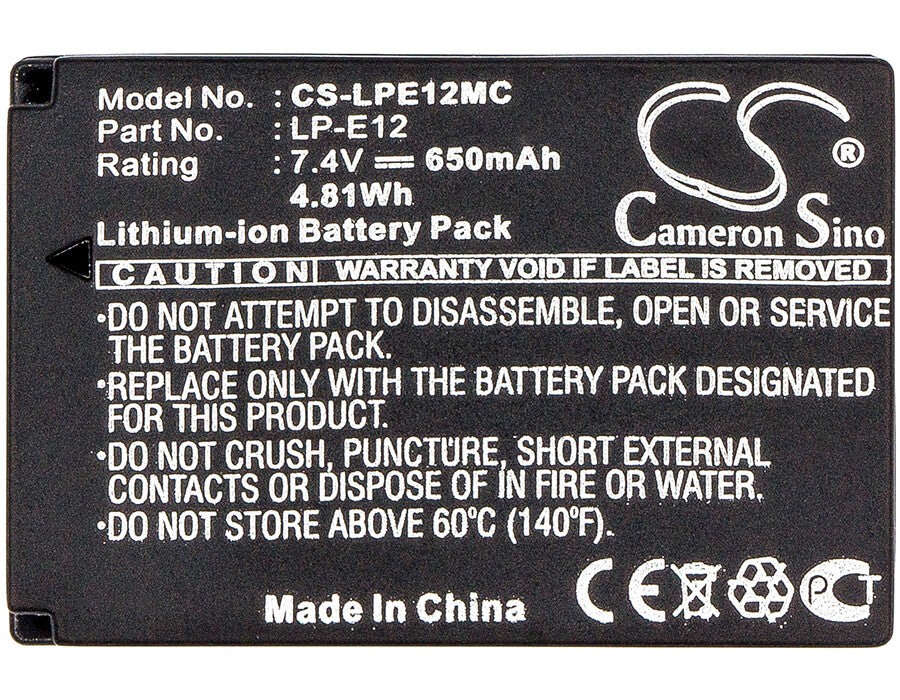7.4V, 650mAh, Li-ion Battery fits Canon, Eos 100d, Eos Kiss X7, 4.81Wh