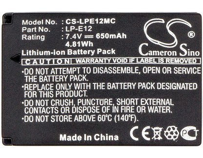 7.4V, 650mAh, Li-ion Battery fits Canon, Eos 100d, Eos Kiss X7, 4.81Wh