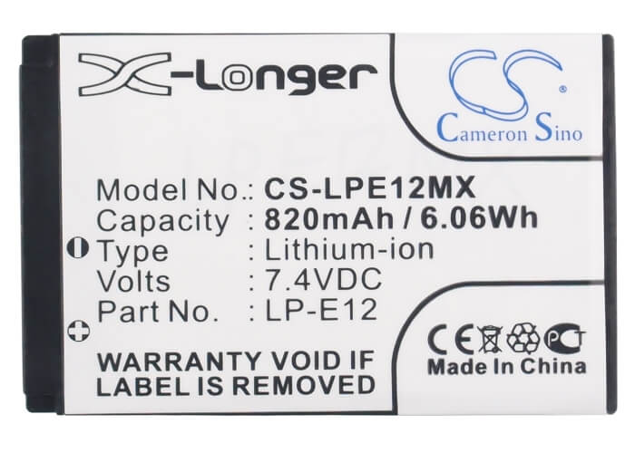 7.4V, 820mAh, Li-ion Battery fits Canon, Eos 100d, Eos Kiss X7, 6.068Wh