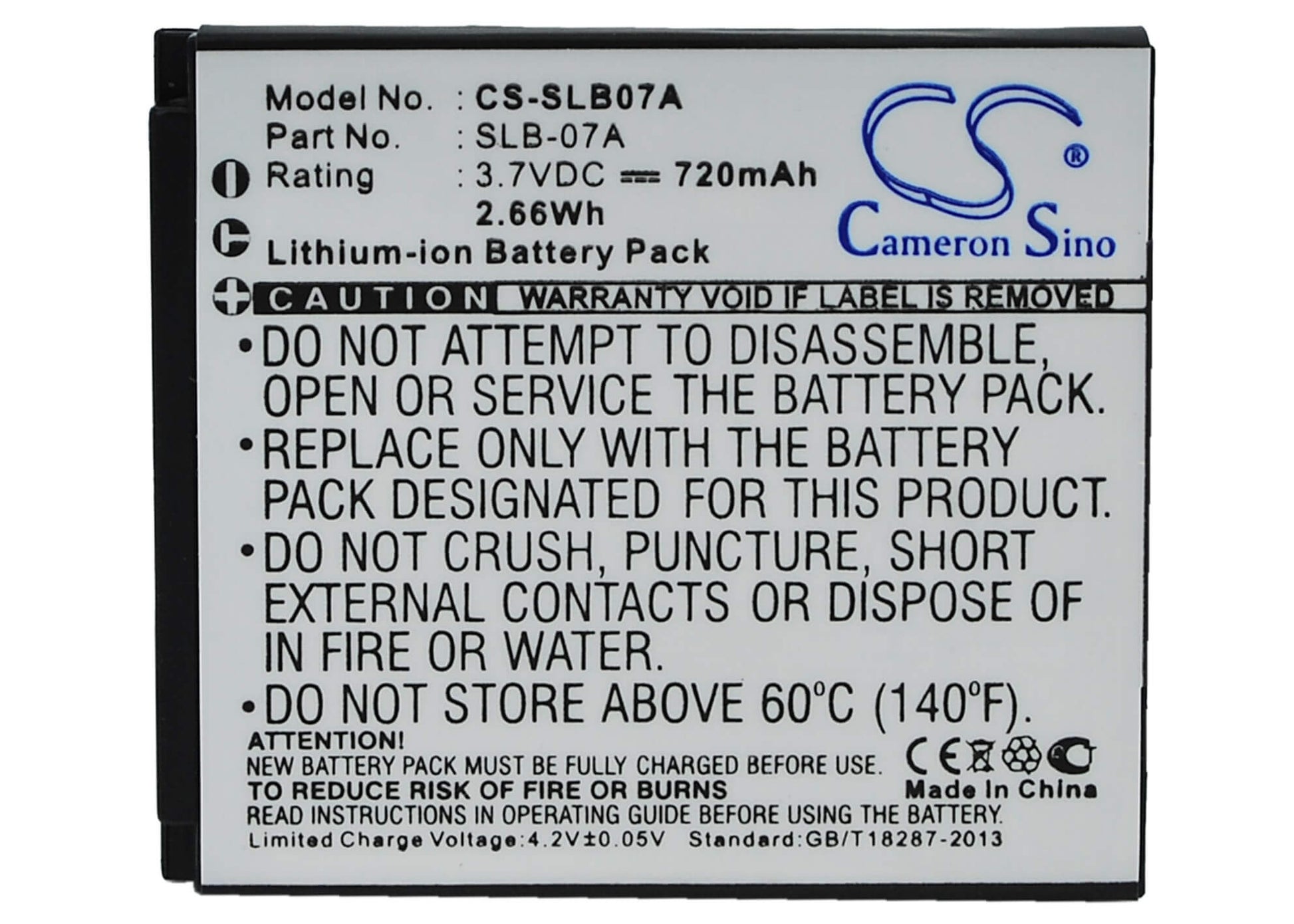 3.7V, 720mAh, Li-ion Battery fits Samsung, St50, St500, 2.664Wh