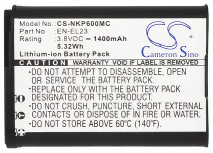 3.8V, 1400mAh, Li-ion Battery fits Nikon, Coolpix P600, Coolpix P610, 5.32Wh