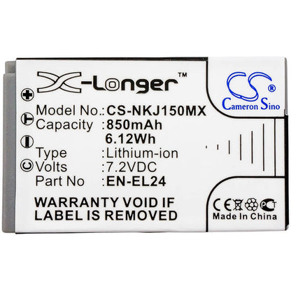 7.2V, 850mAh, Li-ion Battery fits Nikon, 1 J5, 6.12Wh