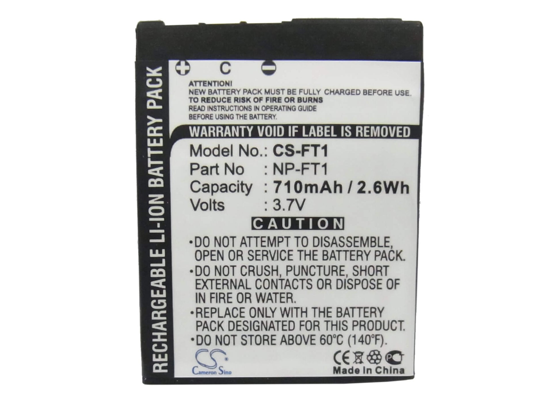 3.7V, 710mAh, Li-ion Battery fits Sony, Cyber-shot Dsc-l1, Cyber-shot Dsc-l1/b, 2.627Wh