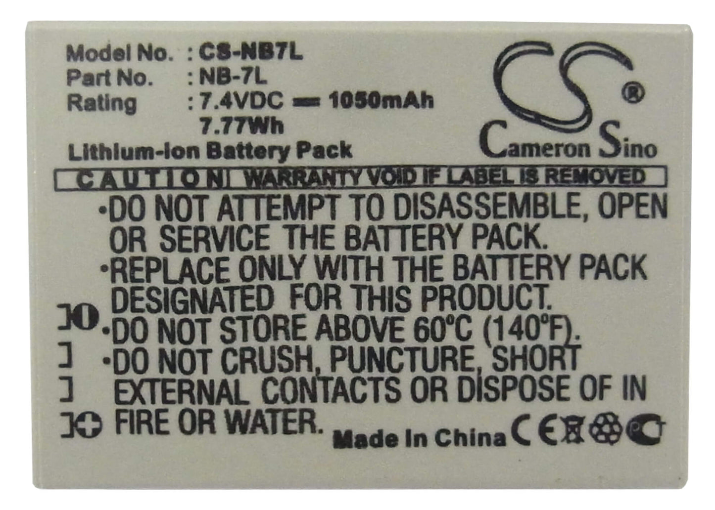 7.4V, 1050mAh, Li-ion Battery fits Canon, Powershot G10, Powershot G10 Is, 7.77Wh