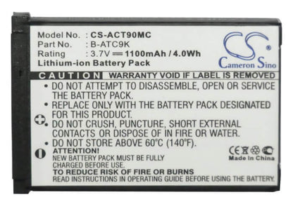 3.7V, 1100mAh, Li-ion Battery fits Oregon Scientific, Atc9k, Atc9k Action Camera, 4.07Wh